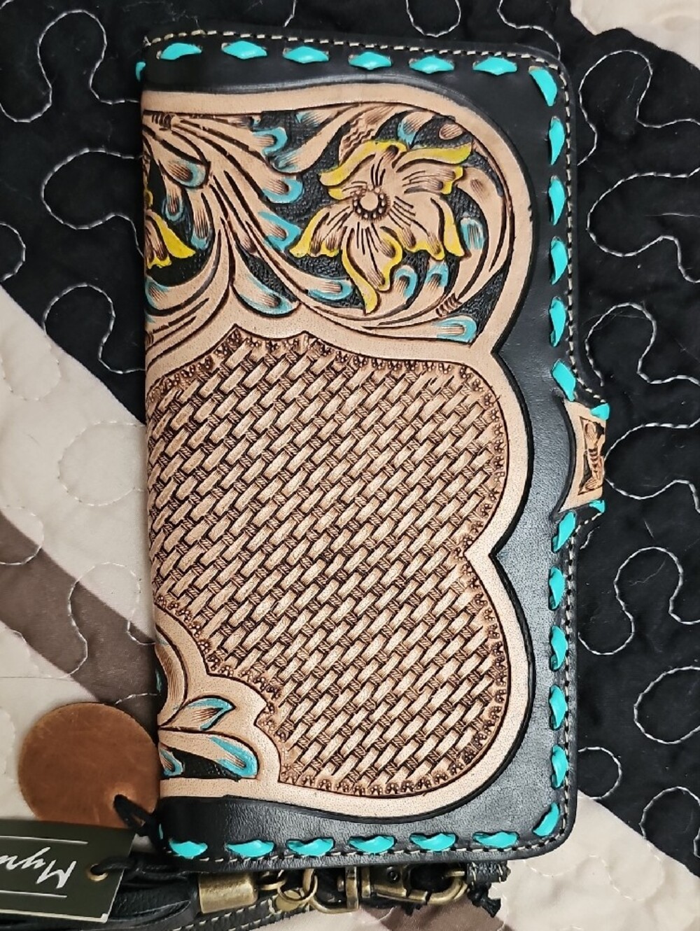 Myra Bag Hand-Tooled Floral Phone Wallet in Black, Turquoise & Yellow - Picture 2 of 7